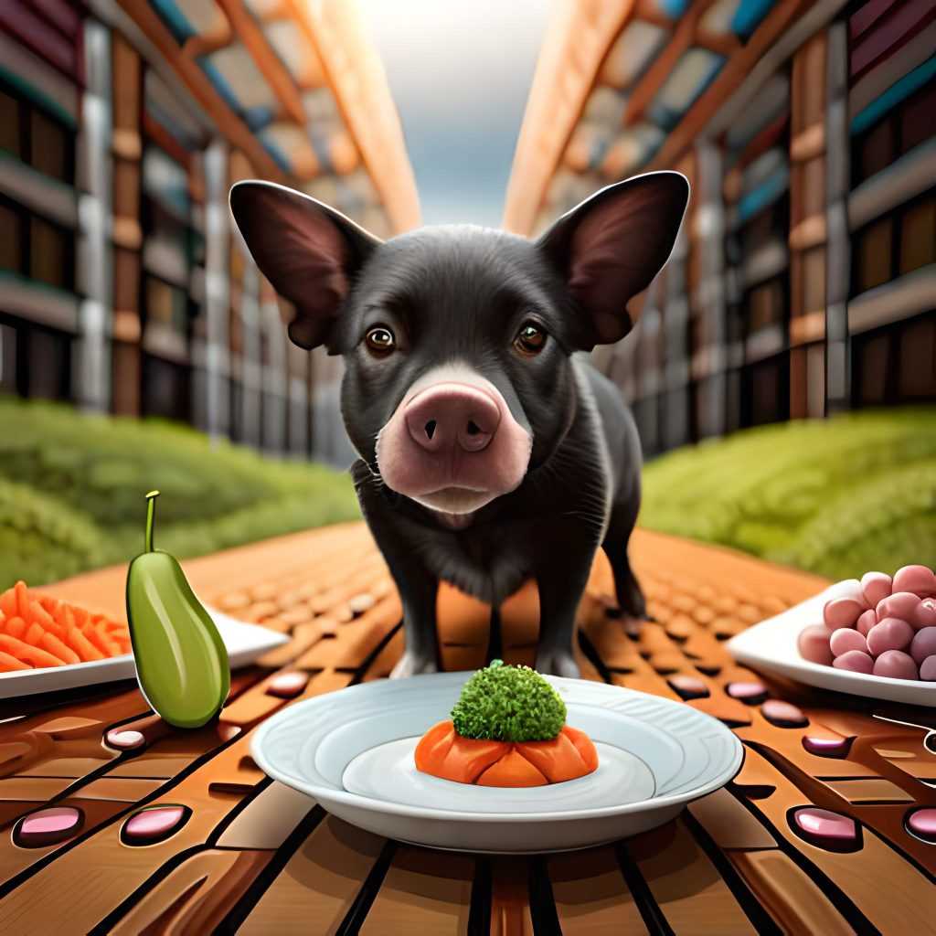 Pigs Eat Dog Food Fruits and vegetables in a big gorund ... black dog .. and pig both in one pic